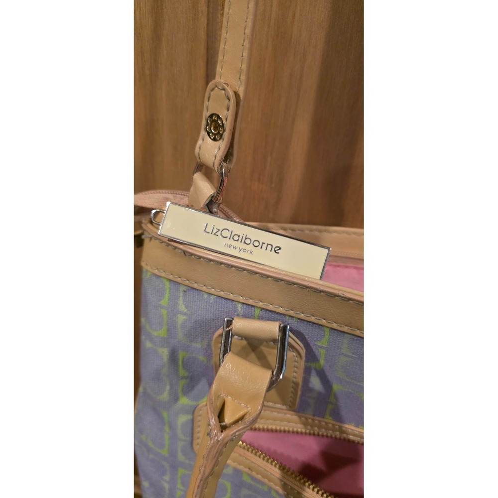 Liz Claiborne Tote Handbag Womens Blue Geometric Canvas Leather Trim Classic - Picture 10 of 11